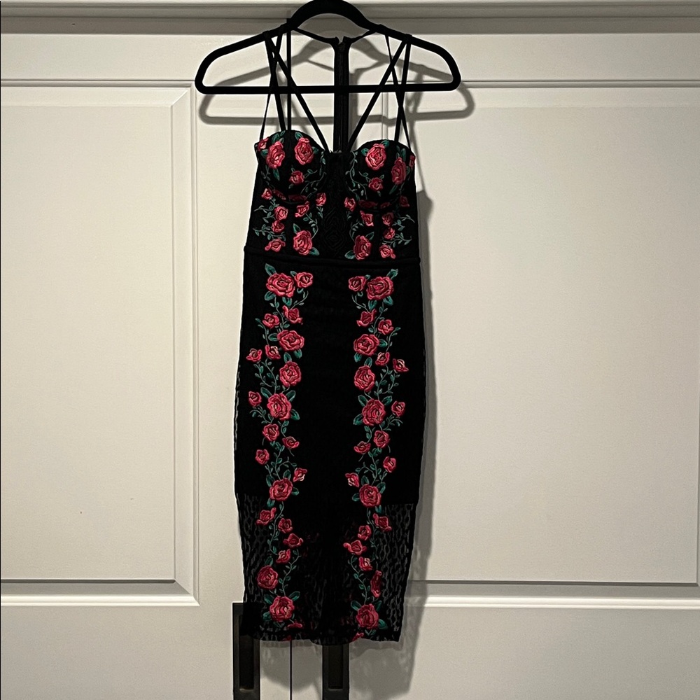 Bebe Black Dress with Red Floral Details